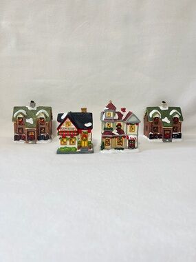 Holiday Time Lot of 4 Miniature Christmas Village House Set Festive Christmas